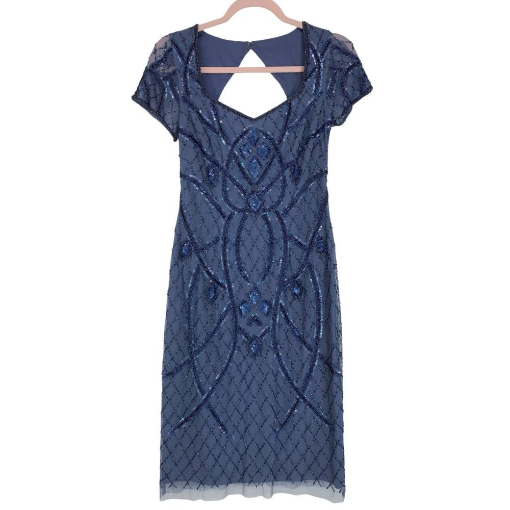 Adrianna Papell Dress Womens Size 0 Blue Beaded‎ Sequin Embellished Short Sleeve